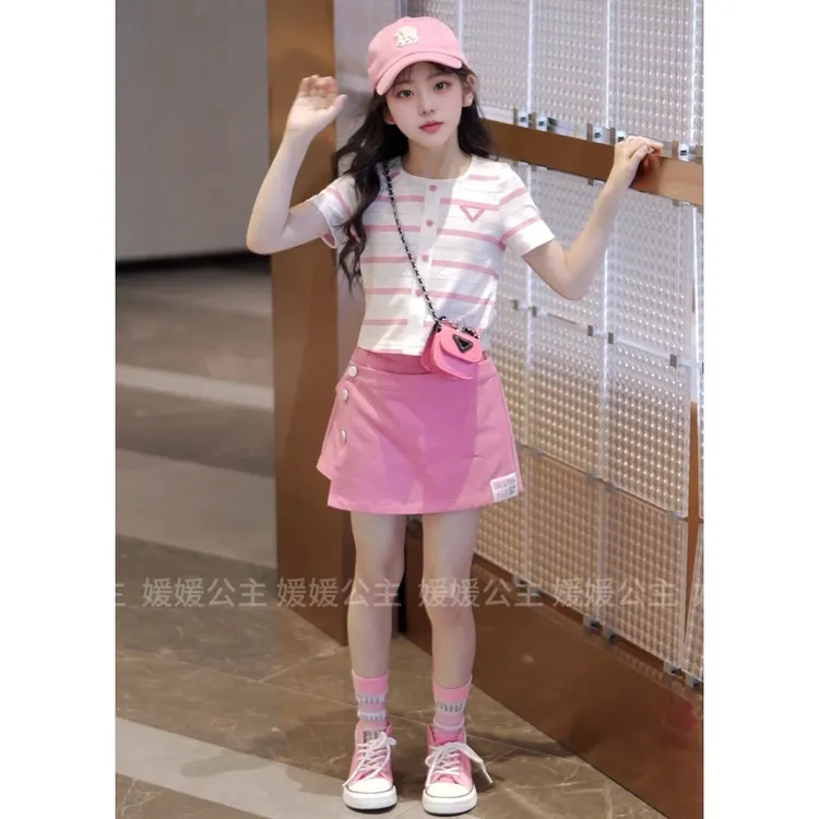2025新款洋气儿童夏季套装女孩条纹t恤裙裤两件套