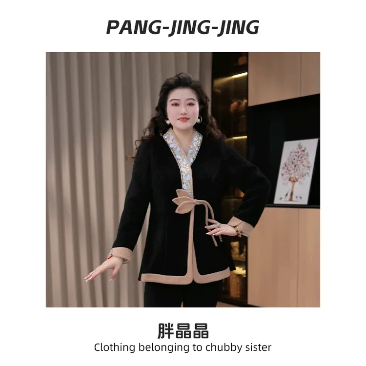 胖晶晶定制大码女装冬款时尚气质新中式刺绣显瘦加厚上衣25A0565