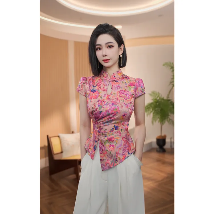 格娜【锦鲤】夏季新中式旗袍衬衫水滴领盘扣优雅显贵碎花显瘦衬衫女