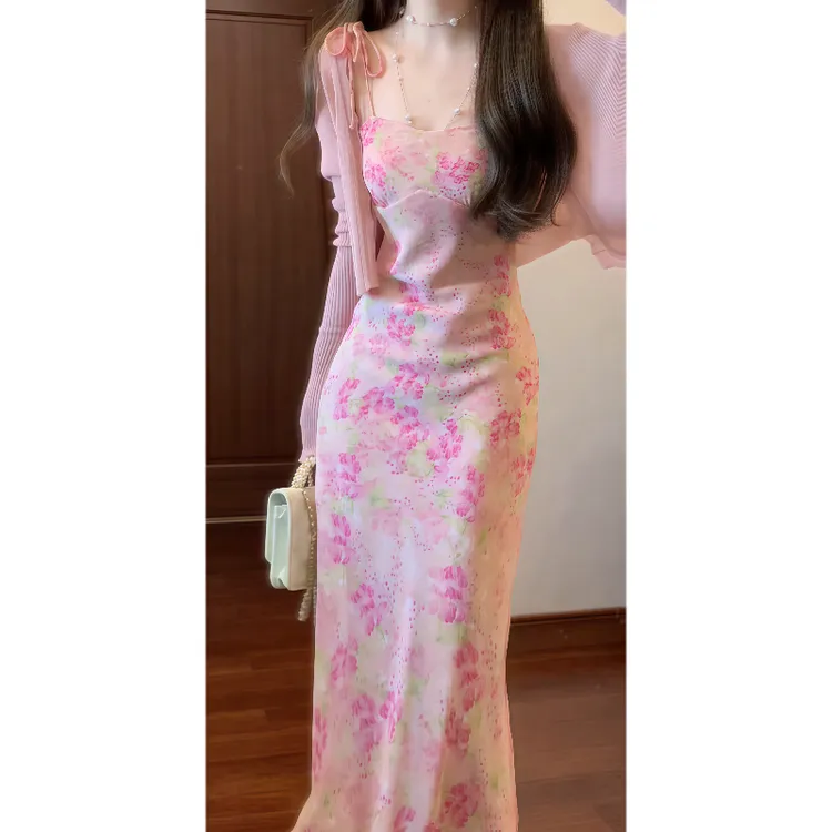 温柔显白明媚性感碎花吊带连衣裙纯欲长裙&针织防晒空调开衫9059