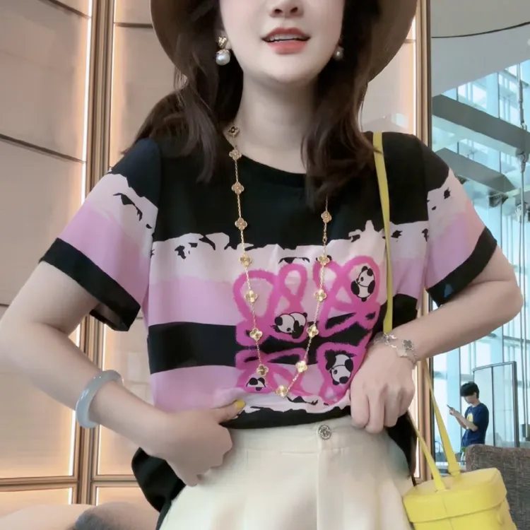 【深圳南油】（F056）-100%真丝双绉可爱小熊猫图案桑蚕丝t恤上衣