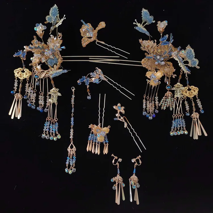 新款独家（蝶恋花）新娘金蓝中式新娘饰品爆款385