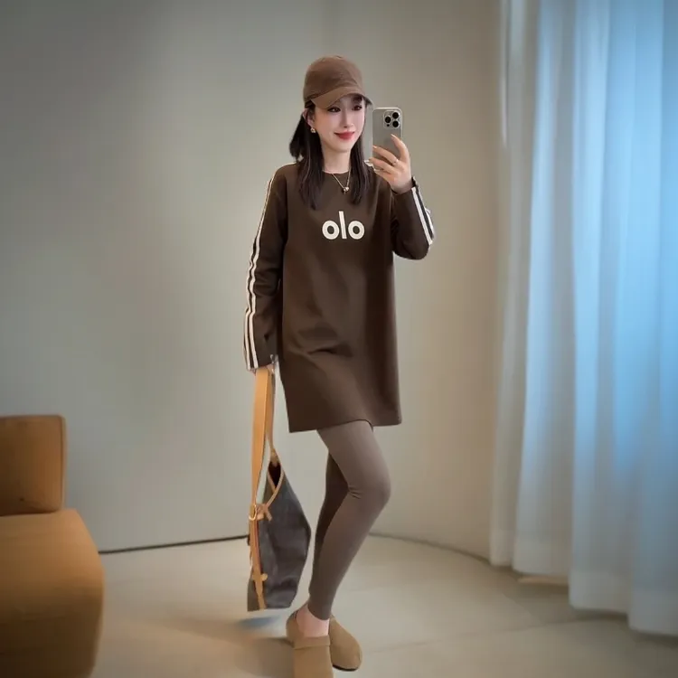 男友风长袖字母休闲风中长款T恤女2025秋季新款运动圆领百搭上衣