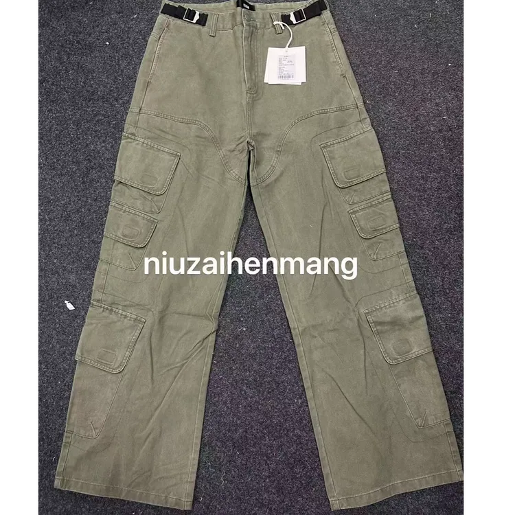 美式抹茶绿宽松休闲裤水洗阔腿工装裤直筒水洗工装裤男女同款