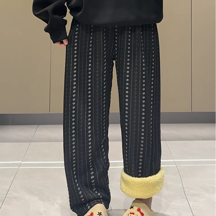 冬季新款加绒加厚休闲裤韩版女高腰垂感直筒宽松百搭阔腿裤家居裤