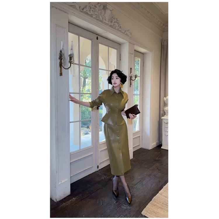 LYXJ【挪威特雨林】环保皮修身沙金绿优雅春季外套11692/裙子11684