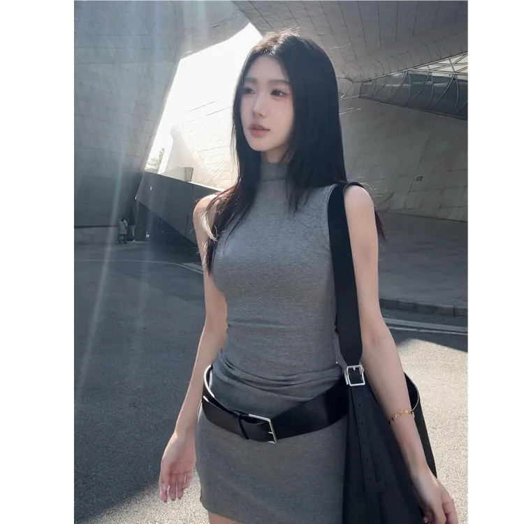 2025新款美式辣妹纯欲风半高领褶皱无袖修身显瘦包臀连衣短裙女