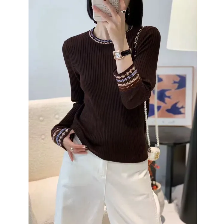 秋冬打底衫民族风圆领提花毛针织衫保暖撞色套头上衣女1450