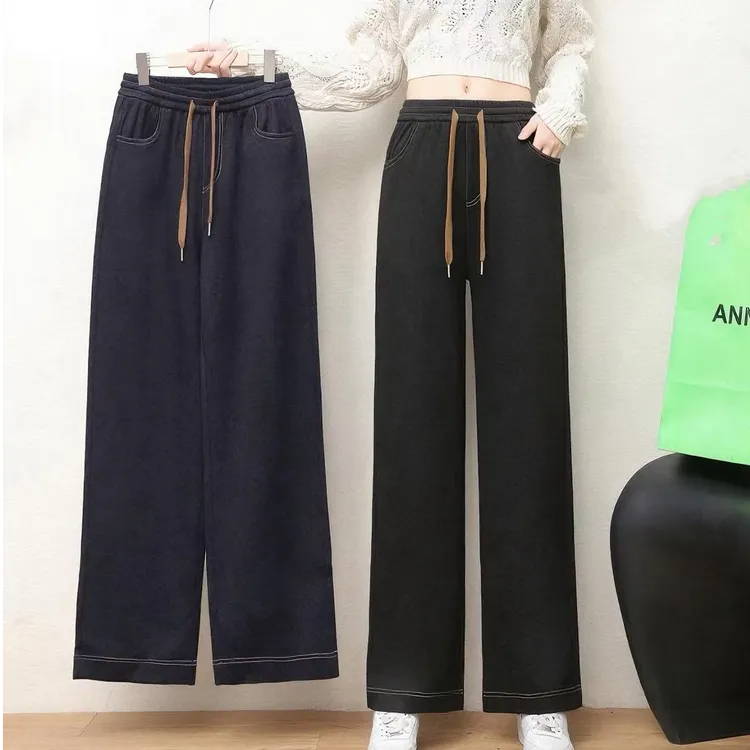 9125#秋季女款直筒牛仔裤长裤微弹水洗抽绳宽松裤子百搭休闲裤