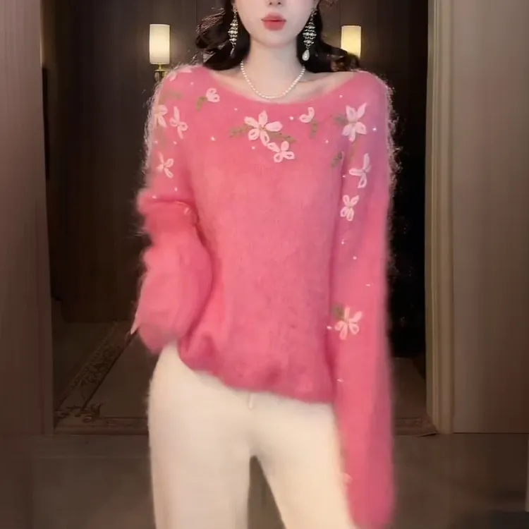 韩系设计感刺绣花朵毛衣女2025秋冬新款百搭宽松软糯一字领针织衫
