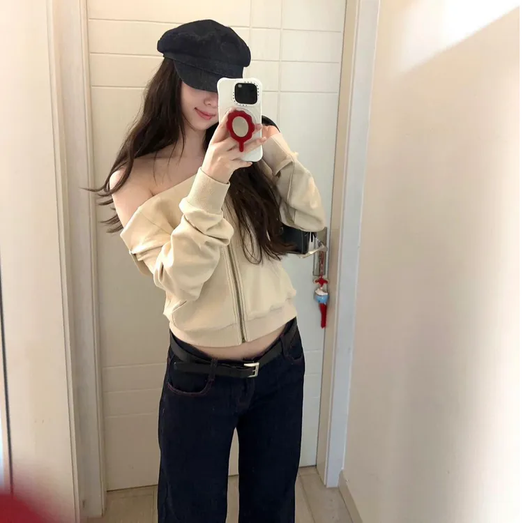 美式拉链短款设计感小众辣妹露肩上衣秋季2025新款显瘦时尚裤子