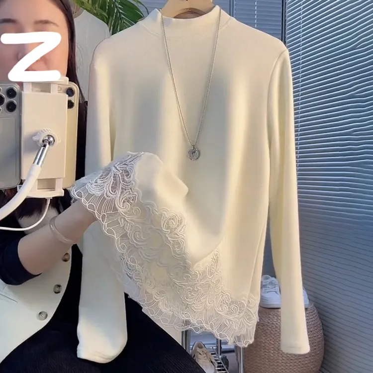 法式蕾丝花边拼接德绒上衣女2025秋冬新款时尚宽松显瘦立领打底衫
