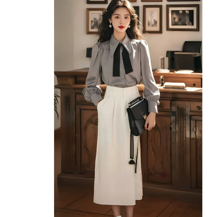 高级通勤领带长袖衬衫百搭纯色半身裙气质显示两件套法式小众