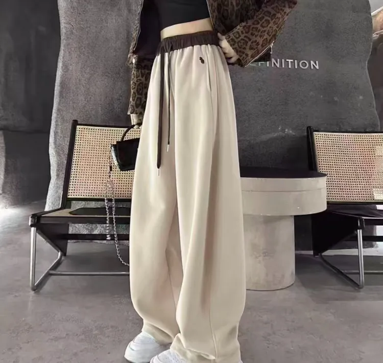 【常规款】韩版网红秋冬加绒爆款弯刀裤休闲卫裤刺绣保暖高腰阔腿裤