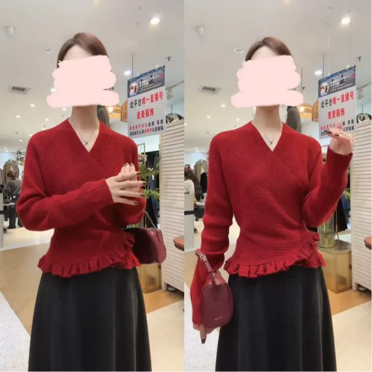 跨年穿搭冬季V领显瘦洋气花边拼接毛衣大码设计感红色新年针织衫