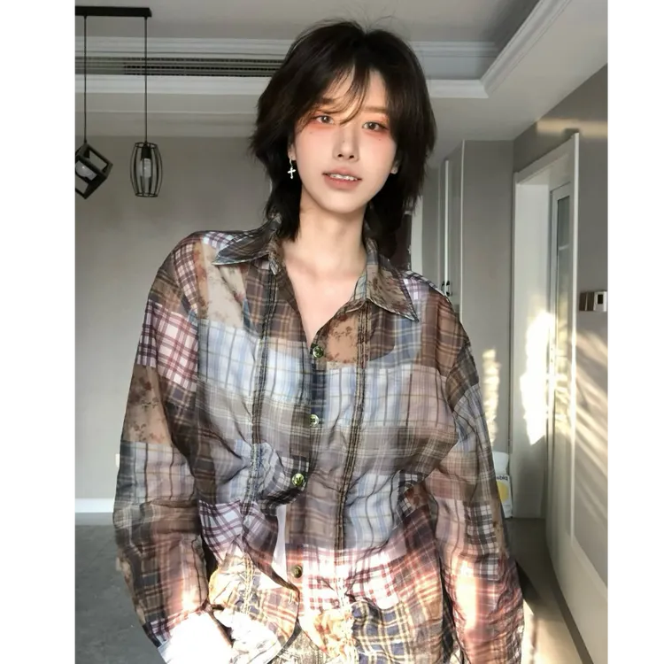 【周传雄同款】Rocawear美潮半透明抽褶格纹薄遮阳防晒衬衫百搭外套