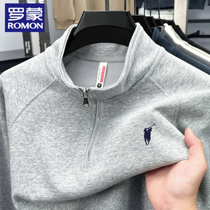 罗蒙时尚潮流男士立领休闲长袖卫衣厚款保暖百搭半拉链刺绣T恤衫