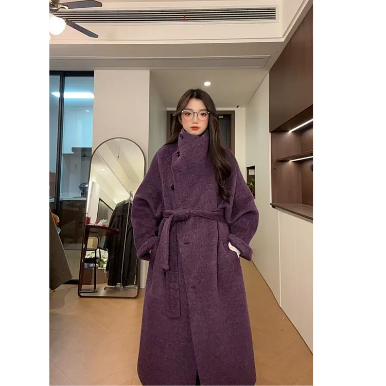 2025最新秋冬原创韩系慵懒风双面羊毛大衣系带百搭毛呢外套8702