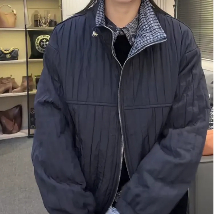女士格子拼接宽松休闲绗线棉服秋冬新款外套假两件棉服二棉立领秋