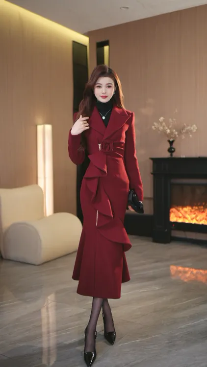 罗曼定制  高定原创收腰冬季长款女复古厚款毛呢外套赫本风连衣裙