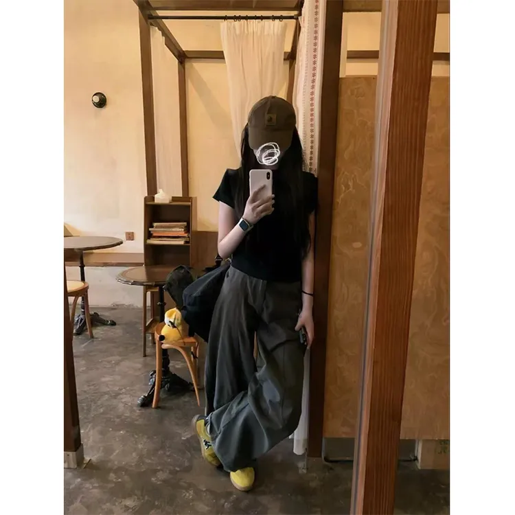 休闲穿搭女士夏季圆领正肩显瘦百搭小众气质上衣宽松阔腿休闲裤