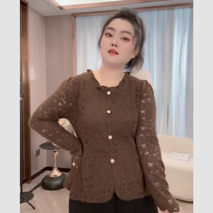 秋冬新款胖妹妹高端显瘦减龄百搭蕾丝法式长袖上衣大码