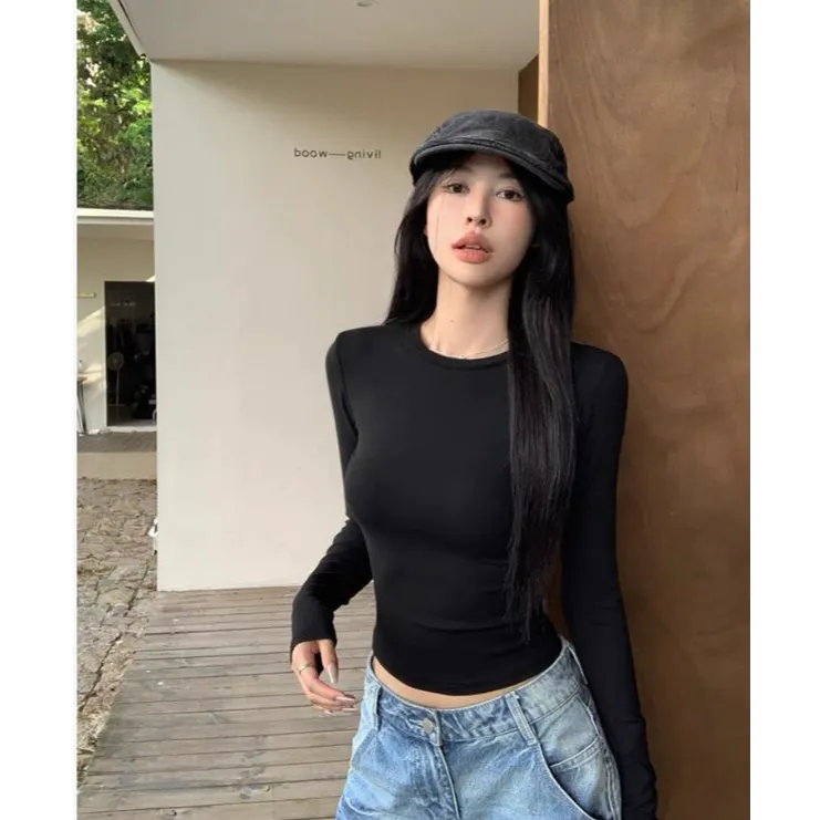 显瘦掐腰正肩圆领t恤女 修身打底衫纯色高能感秋冬季长袖紧身上衣