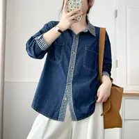 设计感拼接格子牛仔衬衫女春秋2025新款复古港味长袖翻领衬衣外套