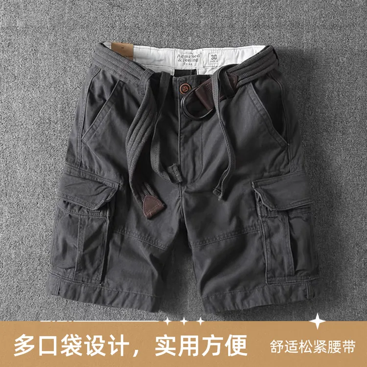 休闲复古重水洗多口袋工装五分裤夏季男士宽松直筒休闲中裤短裤DS