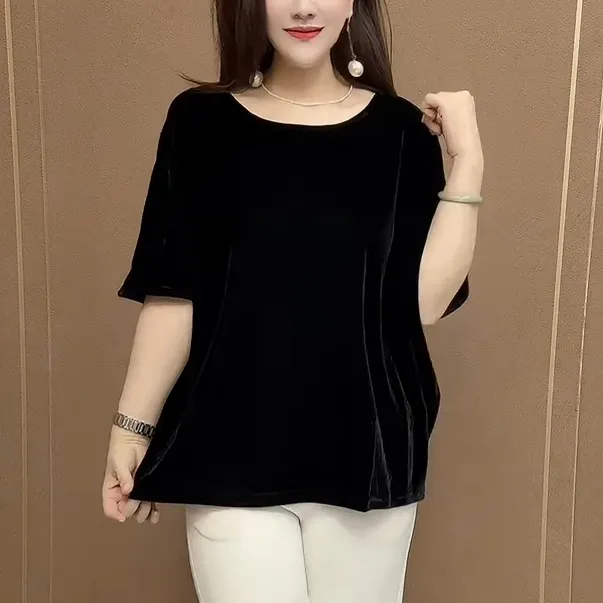 夏款女装蝙蝠袖T恤2025新款中老年妈妈装百搭气质韩国绒休闲上衣
