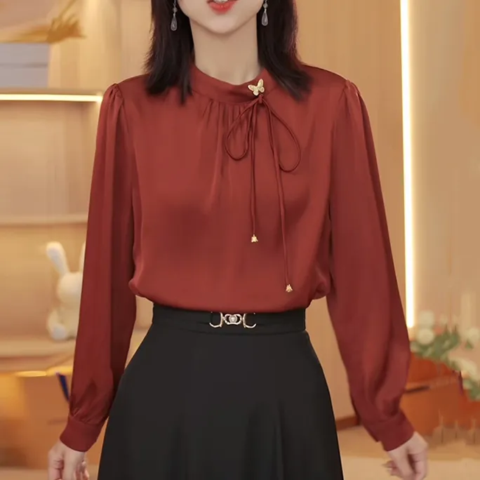 高级感轻奢缎面衬衫女装秋季2025新款小众设计感上衣红色洋气小衫