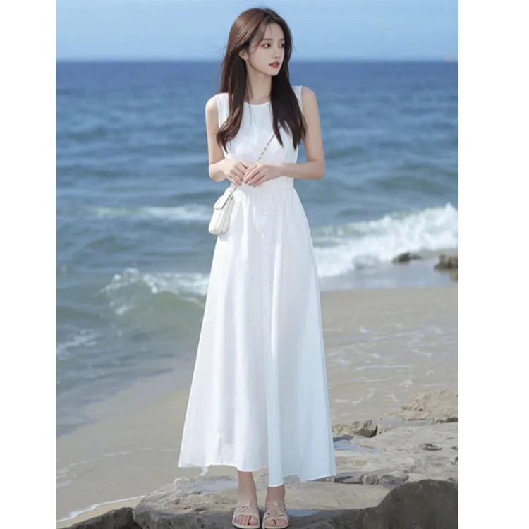 法式气质轻奢高级感温柔风白色连衣裙名媛夏季女神仙气收腰长裙潮