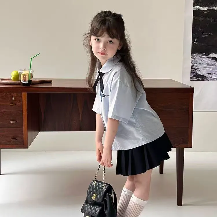 夏季女童洋气短袖翻领泰式学院风小领结衬衫女孩韩版休闲百褶半裙