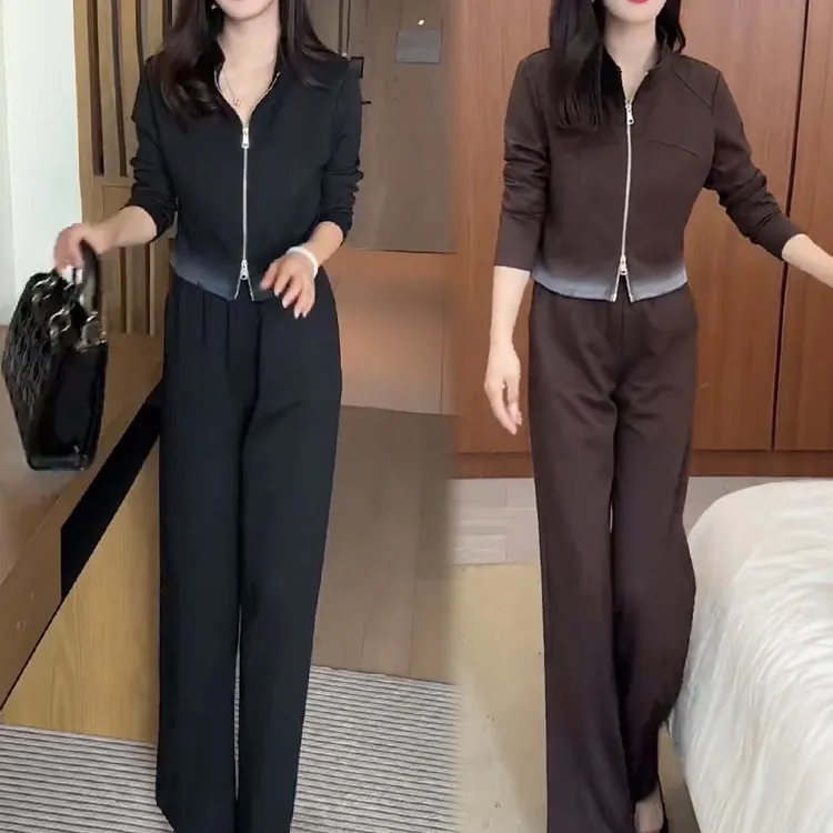 时尚休闲套装女2025秋季新款时髦小众立领开衫外套阔腿裤两件套潮