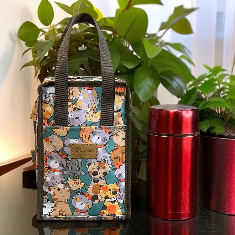 学生文艺风小学手提包拉链饭盒包通用卡通手拎包车缝线桶包防水