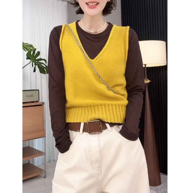 韩系V领柠檬黄针织马甲坎肩女2025秋季新款叠穿罩衫毛衣背心上衣