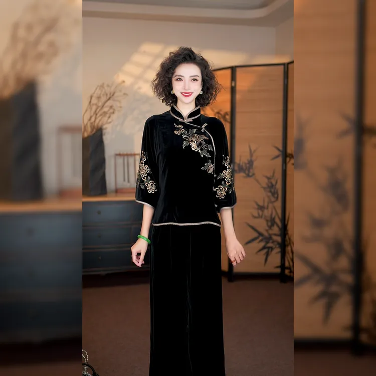 【凤凰】满分桑蚕丝上衣女新中式重工刺绣丝绒小衫LYFSY1006