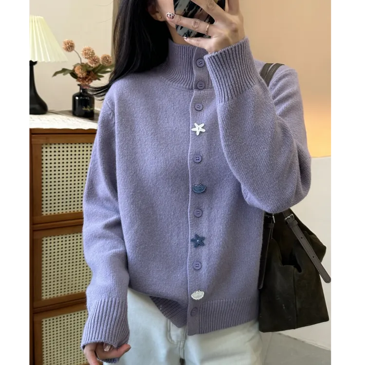高定海星纽扣立领针织开衫慵懒风韩系秋冬新显瘦秋冬毛衣外套