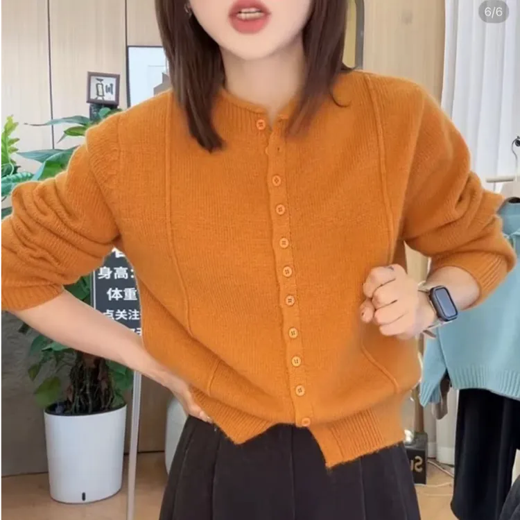 2025年秋冬新款立领卷边长袖针织衫开衫女时尚宽松休闲百搭上衣