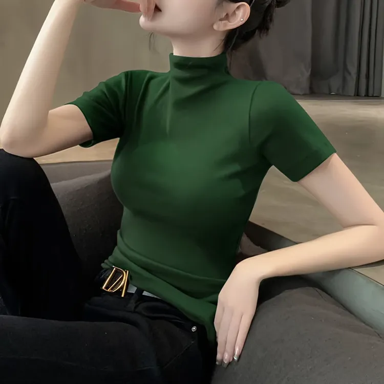 绿色短袖T恤女针织半高领打底衫内搭春秋季洋气修身半袖上衣女款