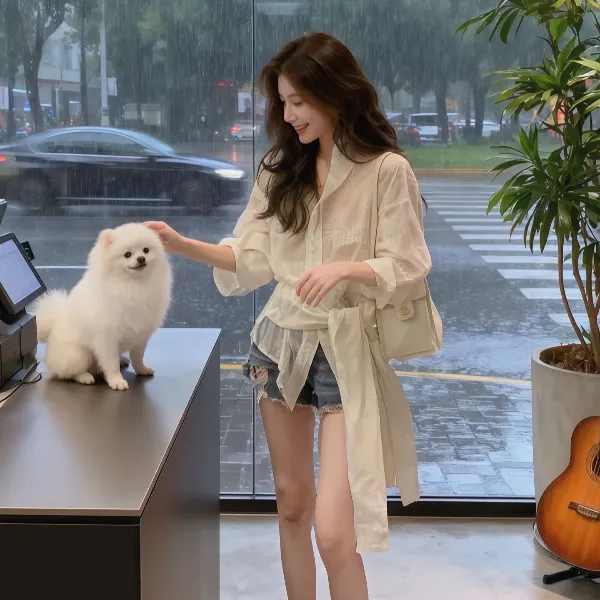 仙女风POLO领白色气质法式衬衫刺绣设计感洋气休闲百搭辣妹短裤女