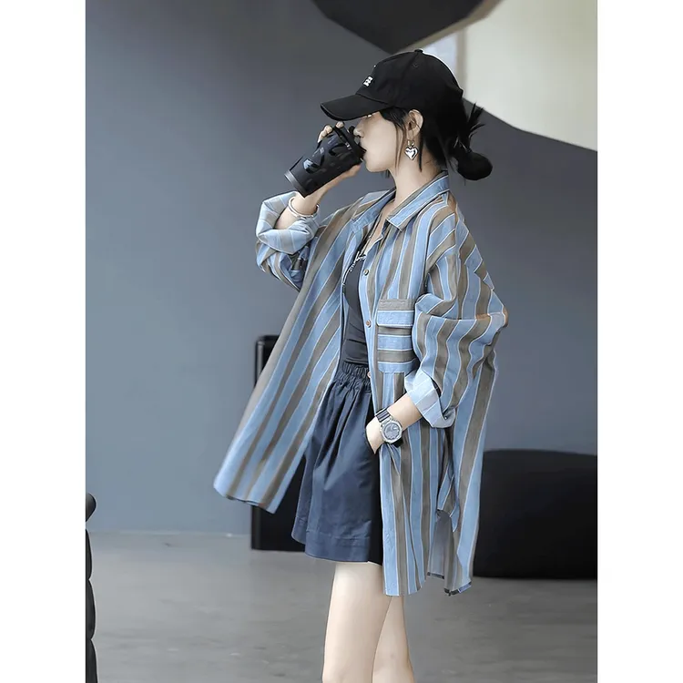 条纹POLO领衬衫女长袖中长款宽松简约通勤防晒春秋薄款女装