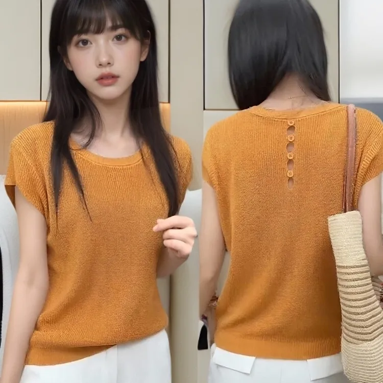 轻奢小众洋气精致短袖上衣夏季短袖上衣后背镂空薄款冰丝针织衫女