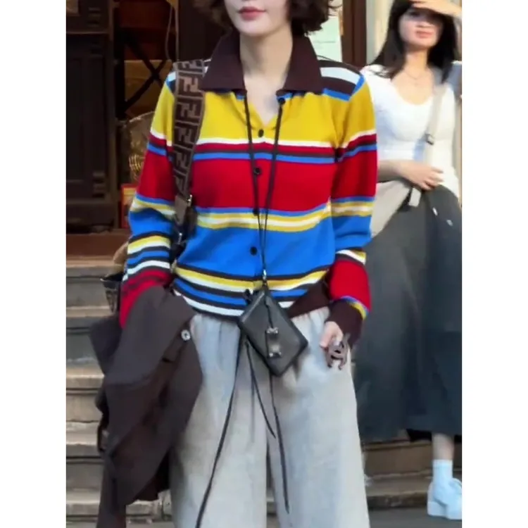 韩系气质拼色上衣女2025年秋新款时尚减龄彩色条纹漂亮翻领Polo衫