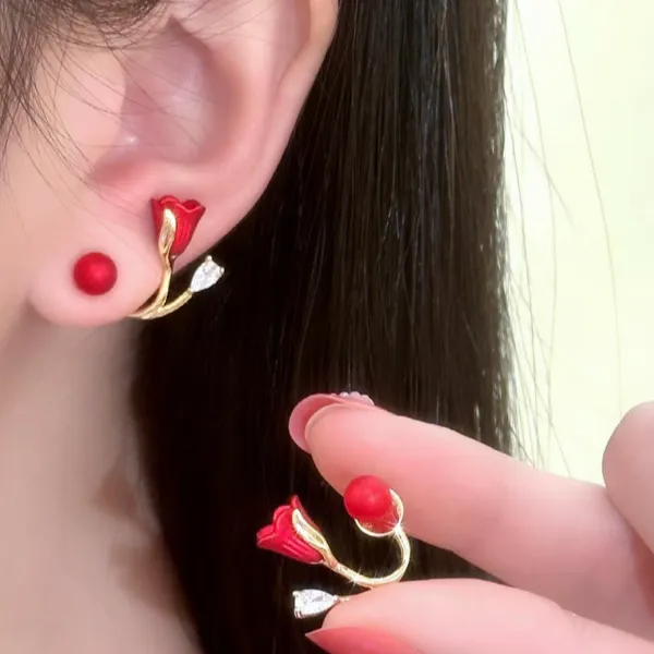 925银耳饰 新年红色花朵耳环女925银针一款两戴耳钉气质轻奢