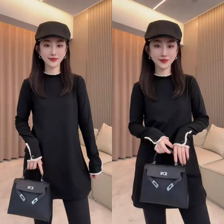 【橘里】冬季蕾丝拼接半高领磨毛长袖T恤显瘦宽松中长款打底衫女