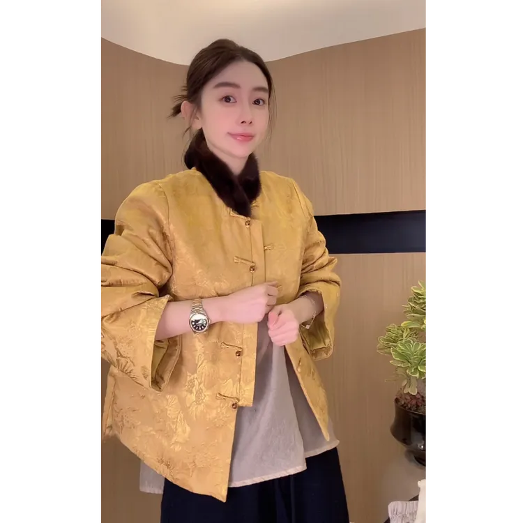 ZHUIMU.【花间雀影】新中式国风气质刺绣拼接水貂毛长袖棉服ZM1007