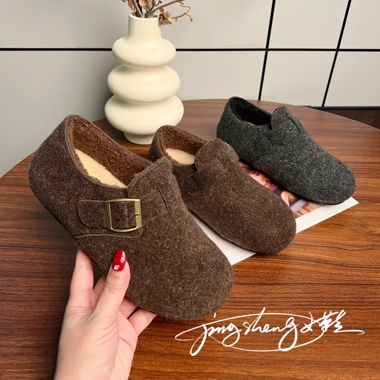 秋冬软底勃肯鞋休闲风中口加绒时尚休闲鞋韩版套脚毛绒平底女鞋