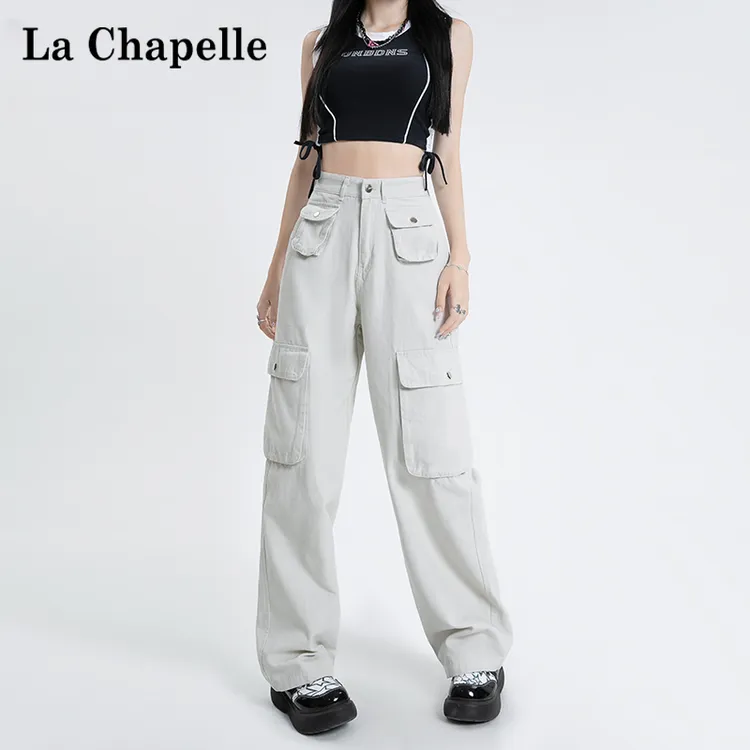 拉夏贝尔白色工装裤女2025秋季新款网红款洋气宽松显瘦阔腿牛仔裤