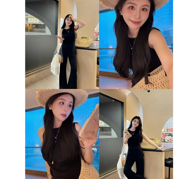 【显瘦纸片人】廓形遮胯黑色吊带短袖上衣微喇腿精长裤套装